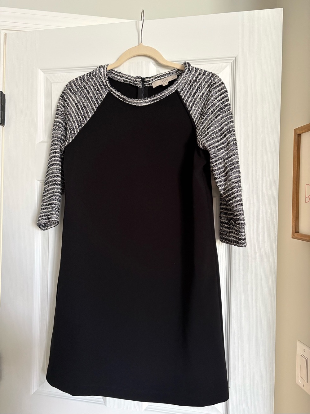 Loft Black Dress with Gray Knit Sleeves - Classic Women's Shift Dress